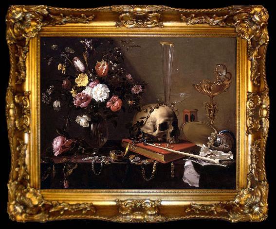 framed  Adriaen Van Utrecht Vanitas - Still Life with Bouquet and Skull, ta009-2